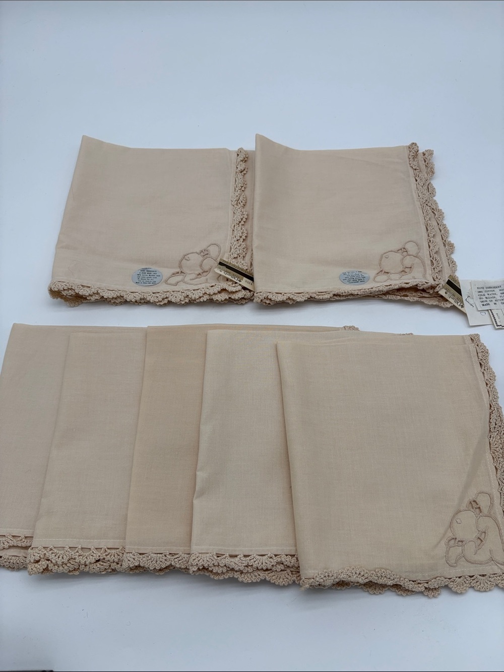 Vintage Deadstock Lot of 7 Cream Cotton Handmade Embroidery Lace Napkins 6x6